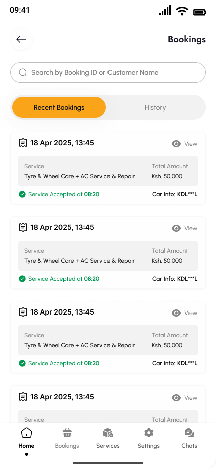 The UrDrive Vendor app Bookings screen: a search field, Recent Bookings and History tabs, and booking cards showing date, service, total amount and an accepted status.